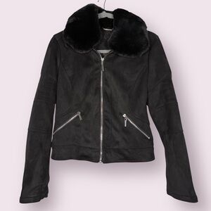 Odyn Black Suede Faux Fur Collar Zip Up Jacket Small
